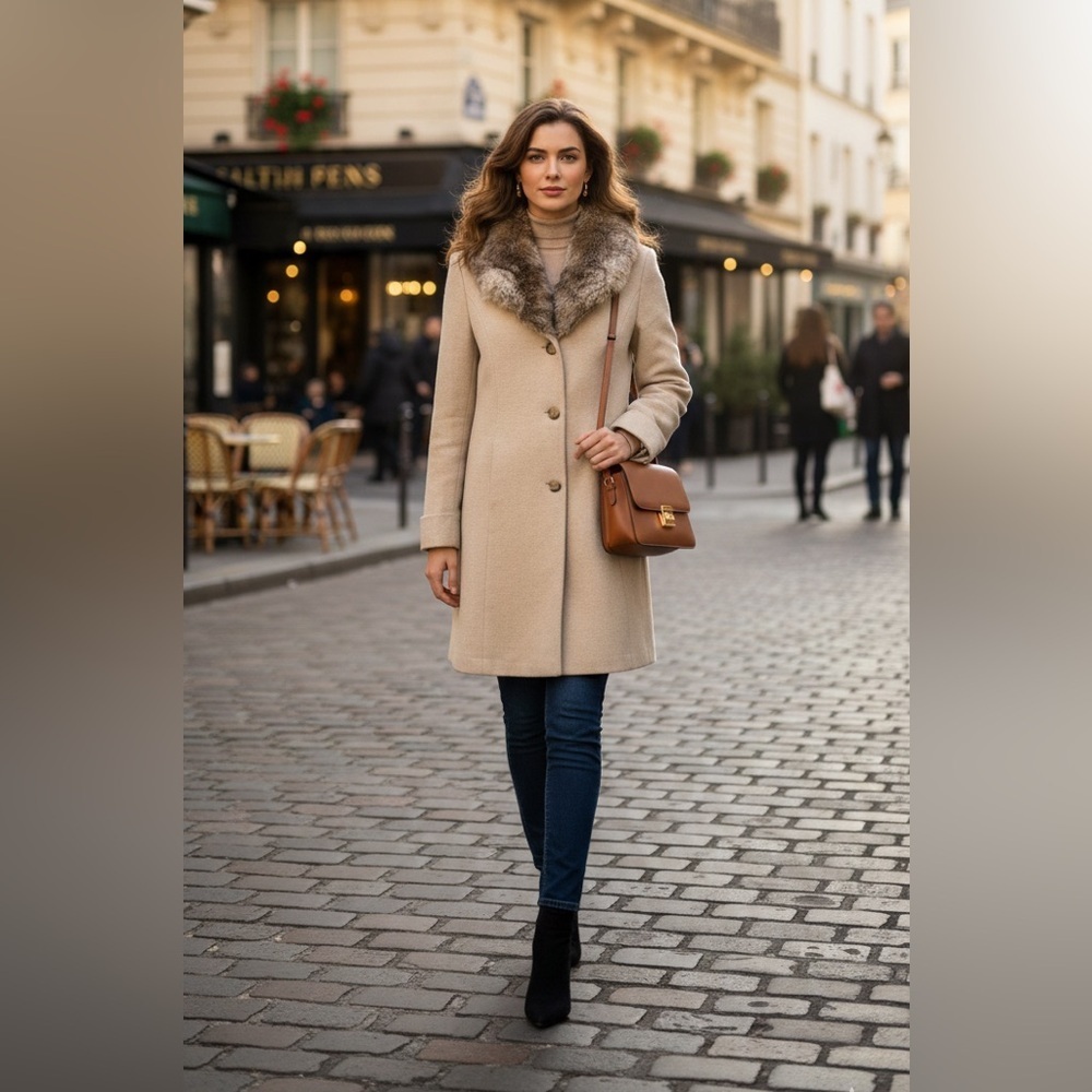 Ralph Lauren Cream Wool Blend Mid-Length Coat - Faux Fur Trim Princess Seams